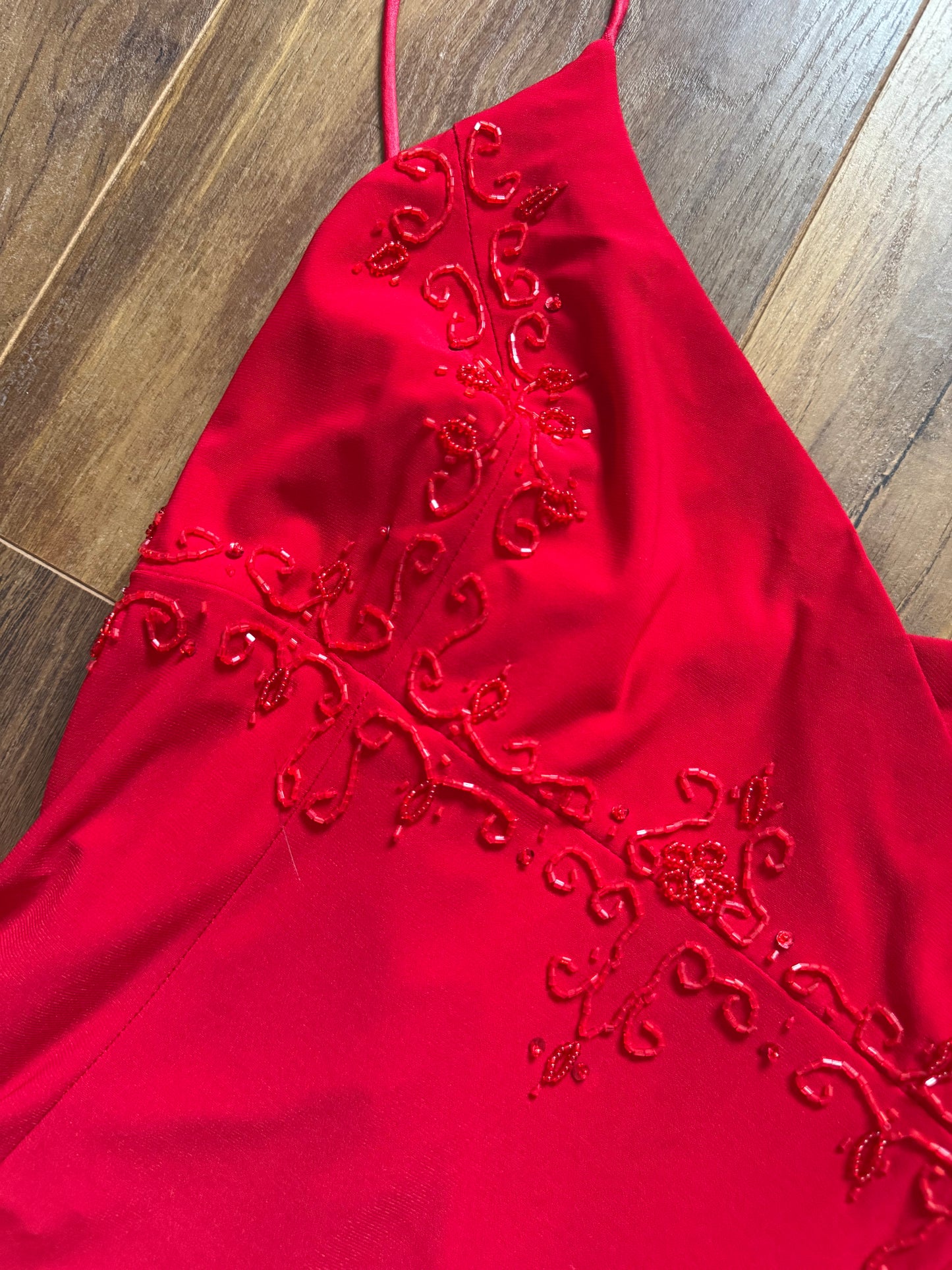 Flori red stretch beaded evening dress UK 14