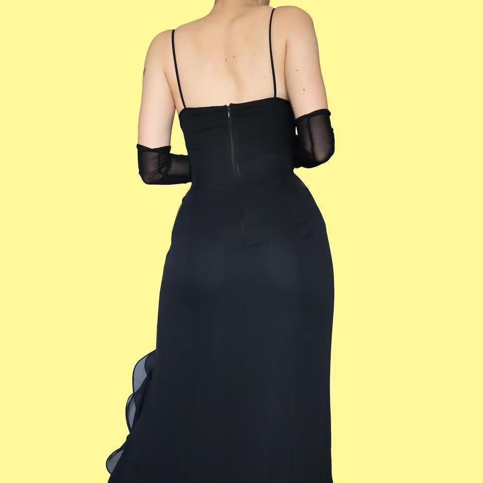 Chic black ruffle hem evening gown UK 12