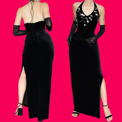 Black velvet halter neck evening dress UK 14