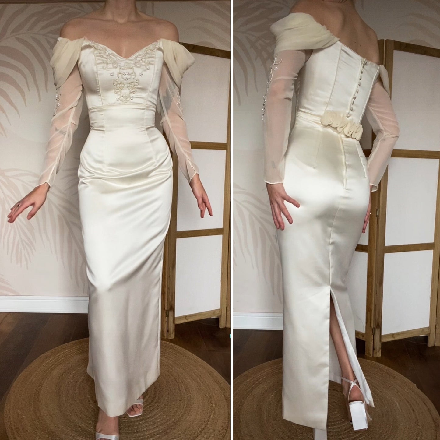 Cream off shoulder fitted wedding dress UK 12