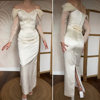 Cream off shoulder fitted wedding dress UK 12