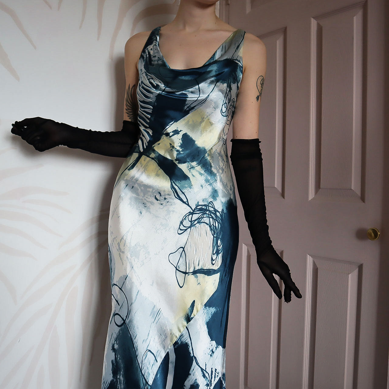 Silk blend print evening slip dress UK 12