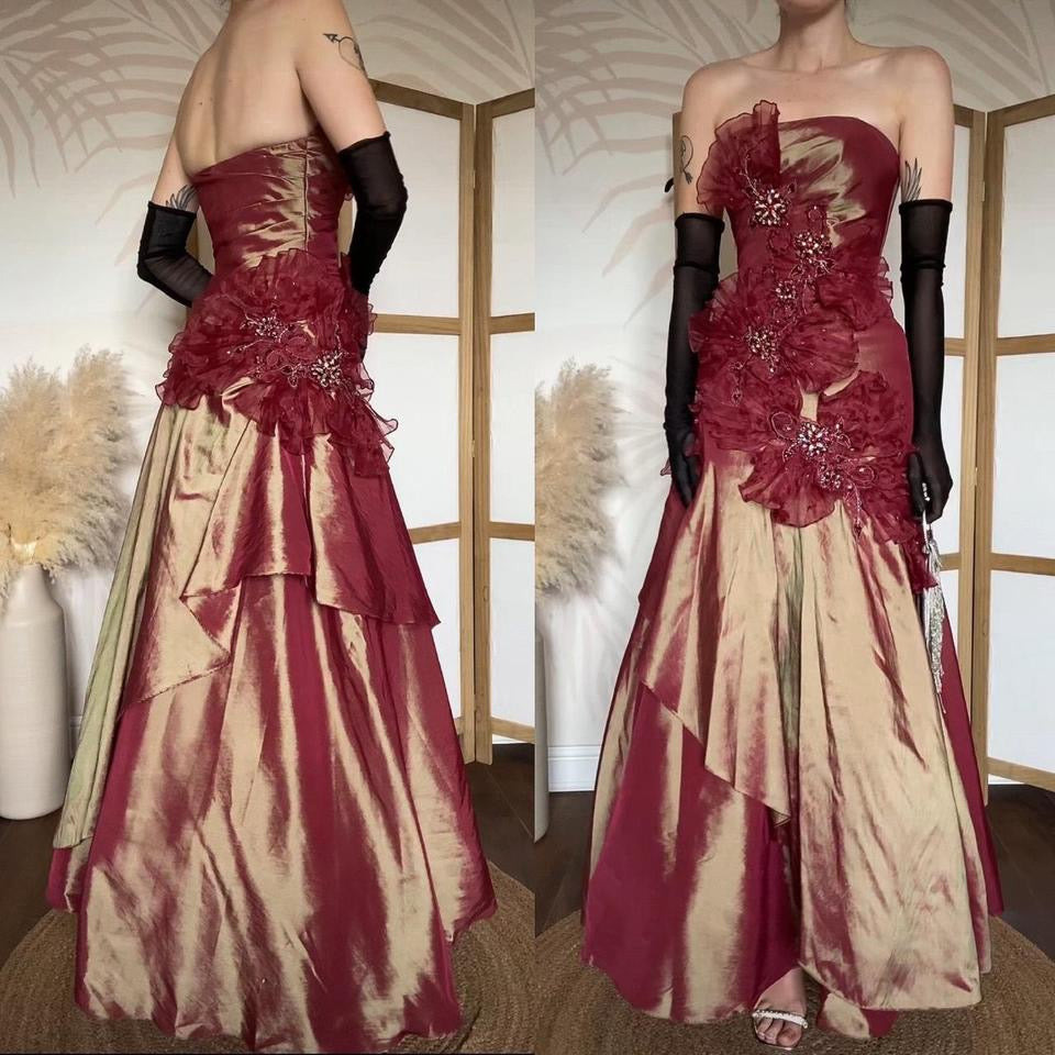 Strapless golden burgundy prom dress uk 6