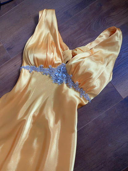 Niki Livas silky yellow evening prom dress UK 12