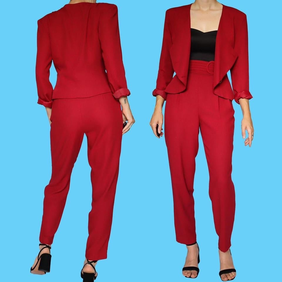 Red 2 piece 80s trouser suit UK 12