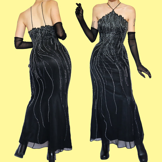 Black 100% silk heavily beaded evening dress UK 10