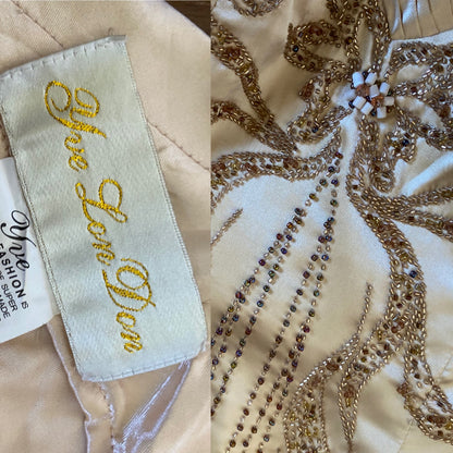 YVE London gold beaded strapless gown & shawl UK 12
