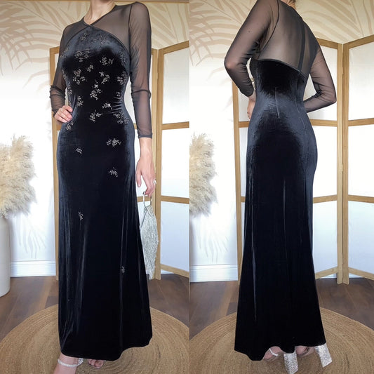 Gina Bacconi black velvet long sleeve evening dress uk 14