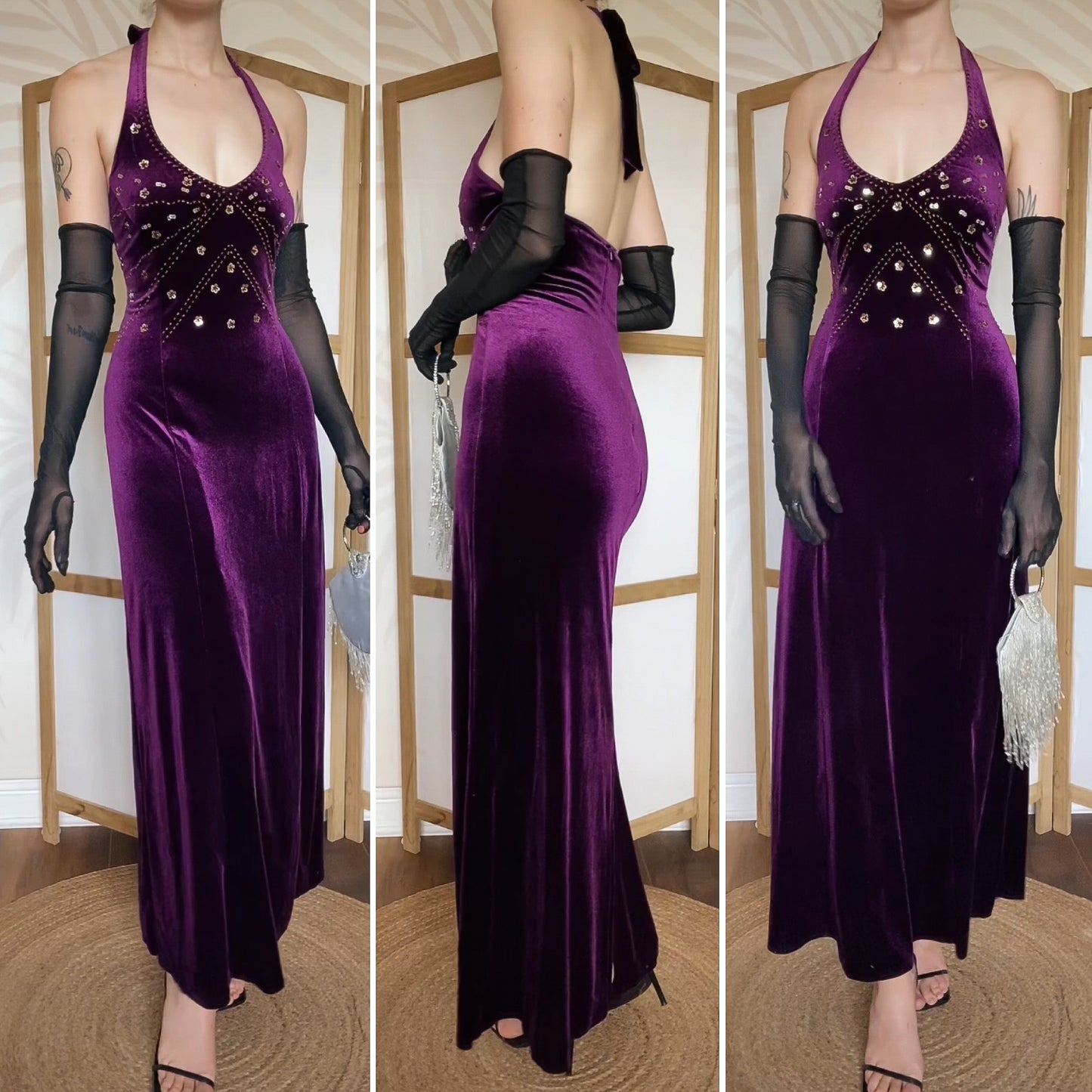 Dark purple velvet halterneck evening dress uk 12