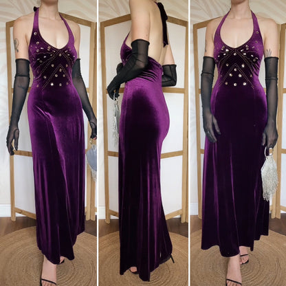 Dark purple velvet halterneck evening dress uk 12