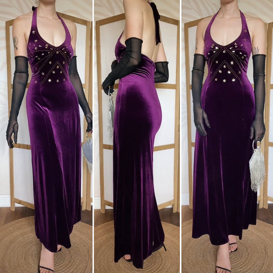 Dark purple velvet halterneck evening dress uk 14