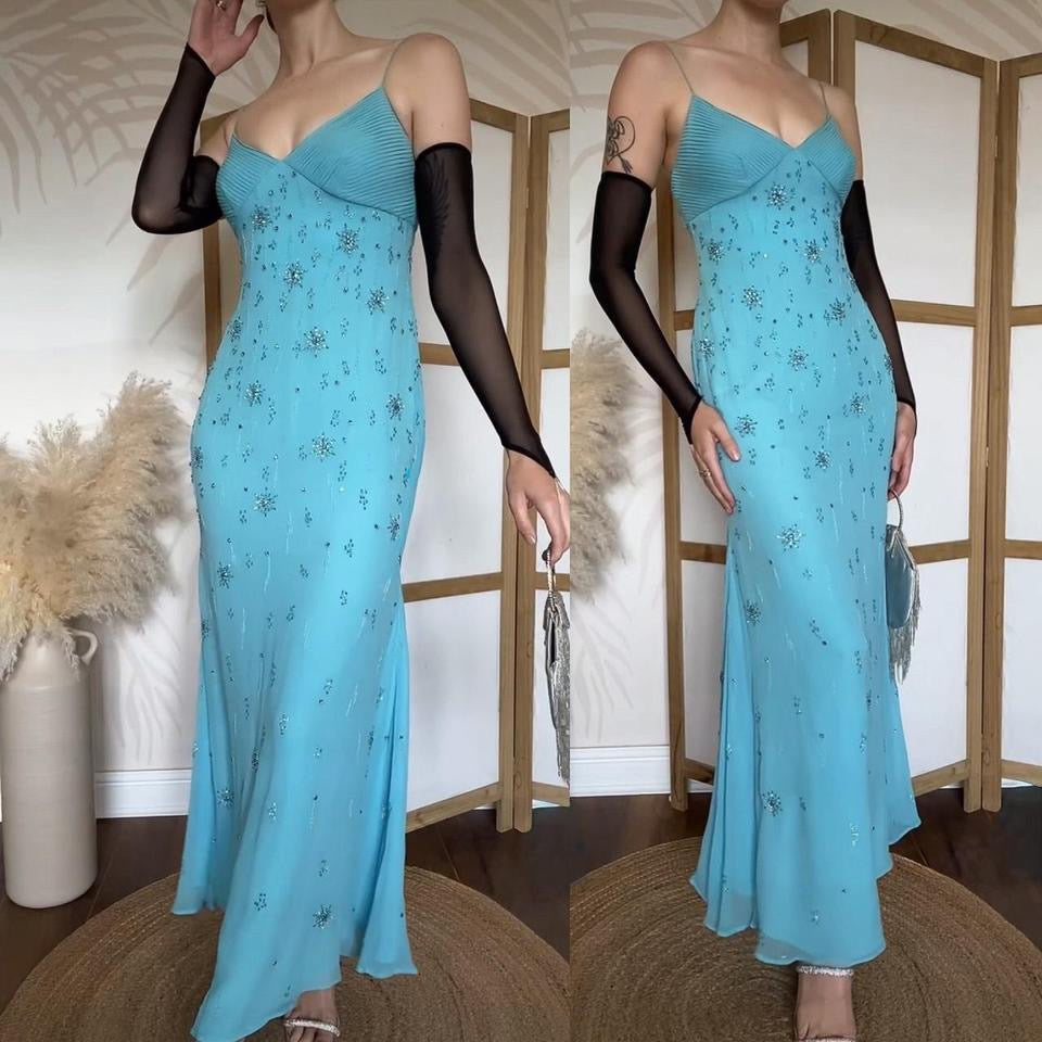 Light blue beaded 100% silk evening dress uk 10