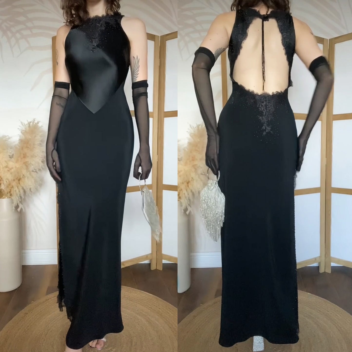 Black lace beaded open back evening dress uk 8