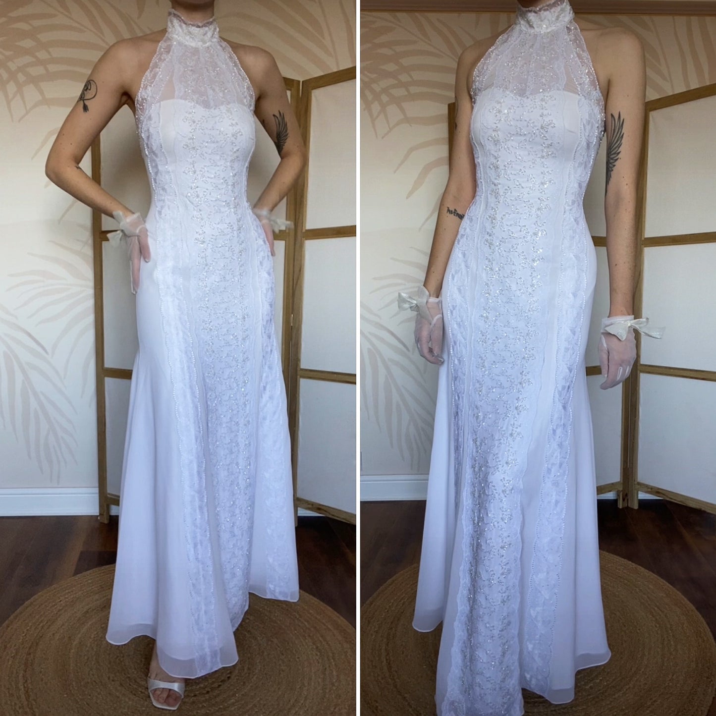 Frank Usher white lace high neck beaded wedding dress UK 12