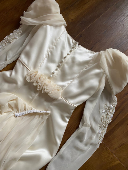 Cream off shoulder fitted wedding dress UK 12