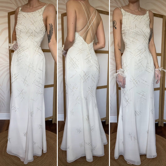 Off white beaded open back wedding dress UK 12