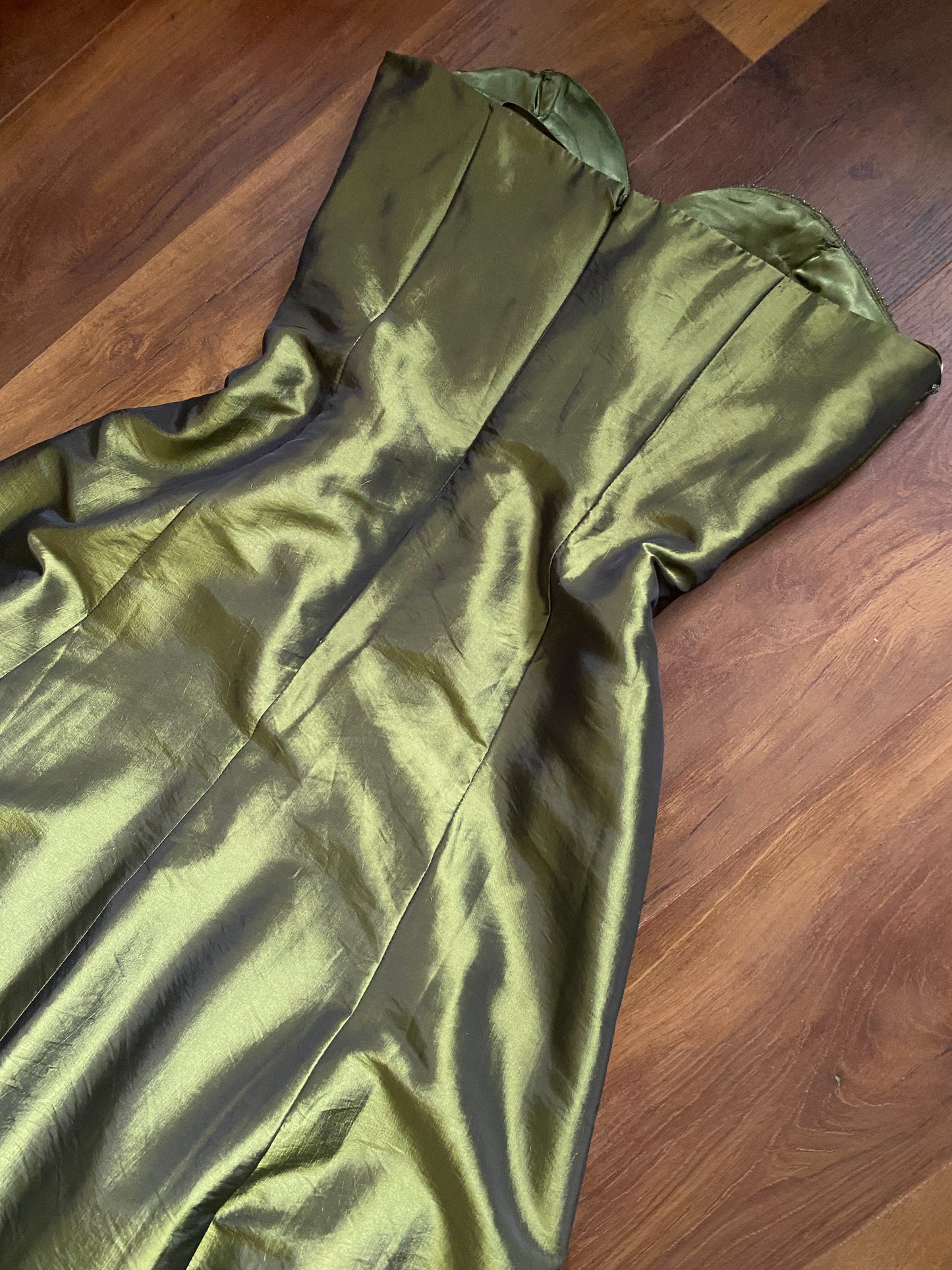 Olive green strapless beaded prom dress & shawl uk 14