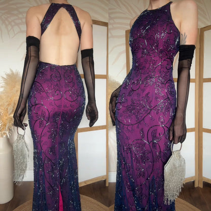 Purple 100% silk beaded evening dress uk 6