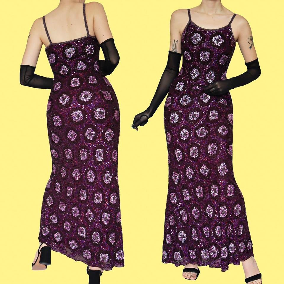 Purple Aftershock sequin 100% silk evening gown & shawl UK 10
