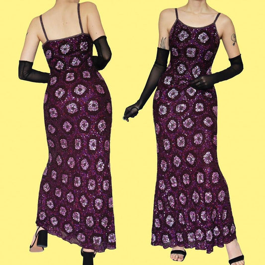 Purple Aftershock sequin 100% silk evening gown & shawl UK 10