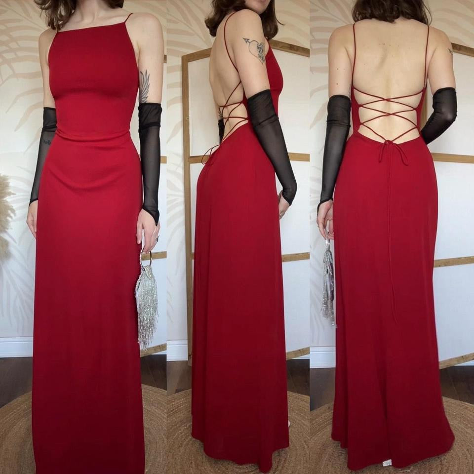 Red stretch 90s lace back evening dress uk 10