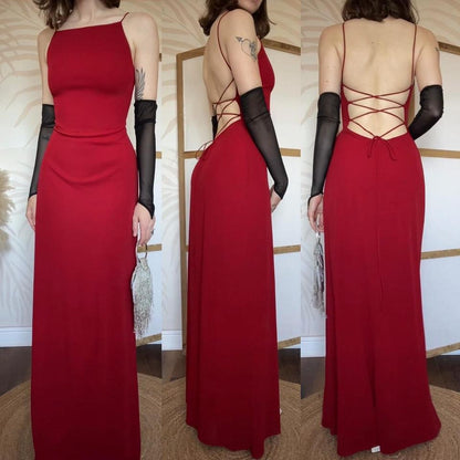Red stretch 90s lace back evening dress uk 10