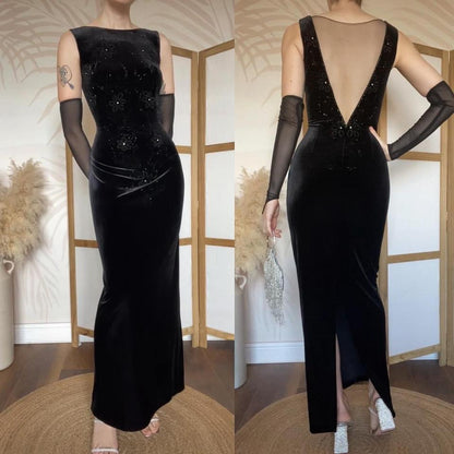 Black velvet stretch beaded low back evening dress uk 12-14