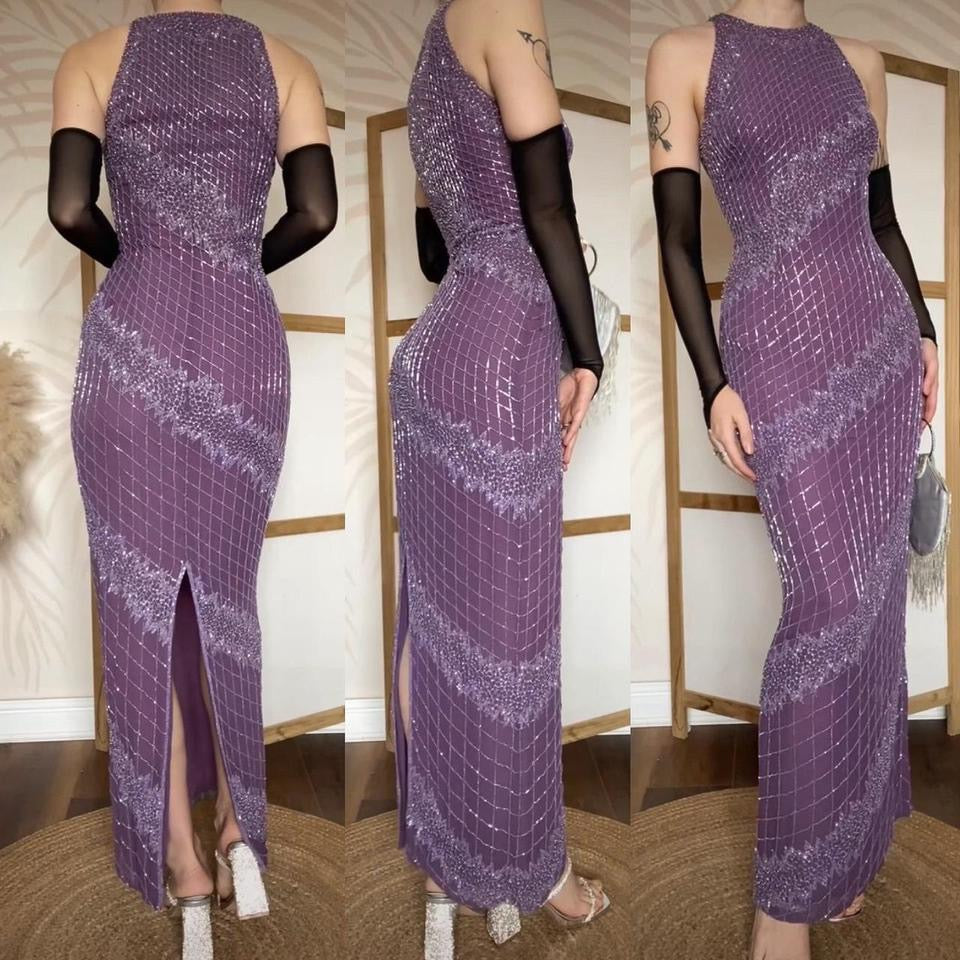 Purple 100% silk beaded evening dress uk 10-12
