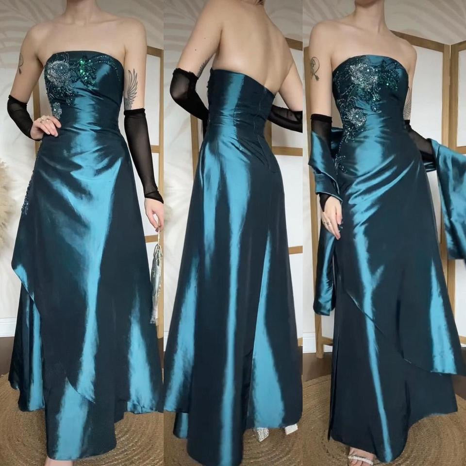 Strapless blue shimmery a-line prom dress & shawl uk 12-14