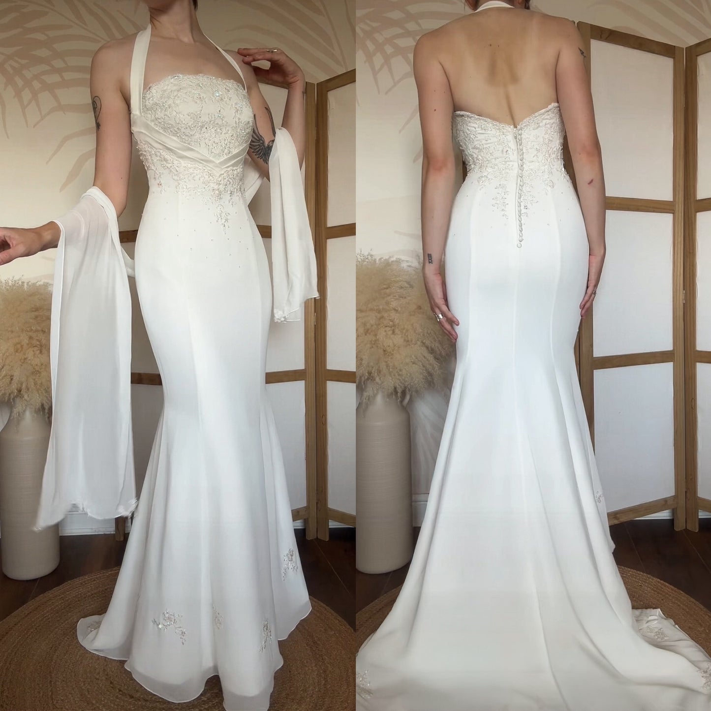 Ivory halter-neck lace wedding dress & shawl uk 8