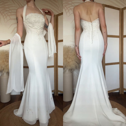 Ivory halter-neck lace wedding dress & shawl uk 8