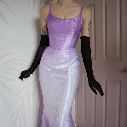 YVE London purple satin beaded fishtail evening gown UK 10
