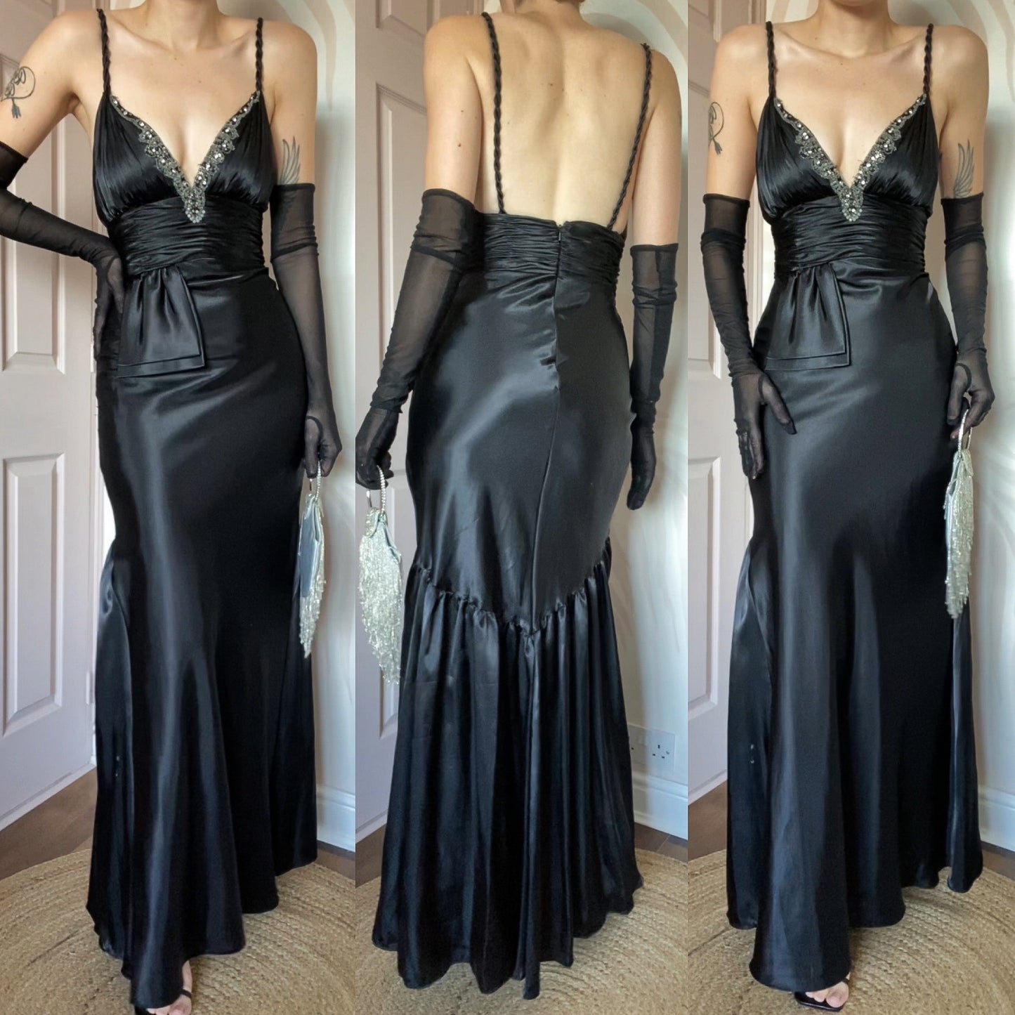 Dave & Johnny 90s Black Satin Evening Gown Prom Dress UK Size 8, 10 & 14