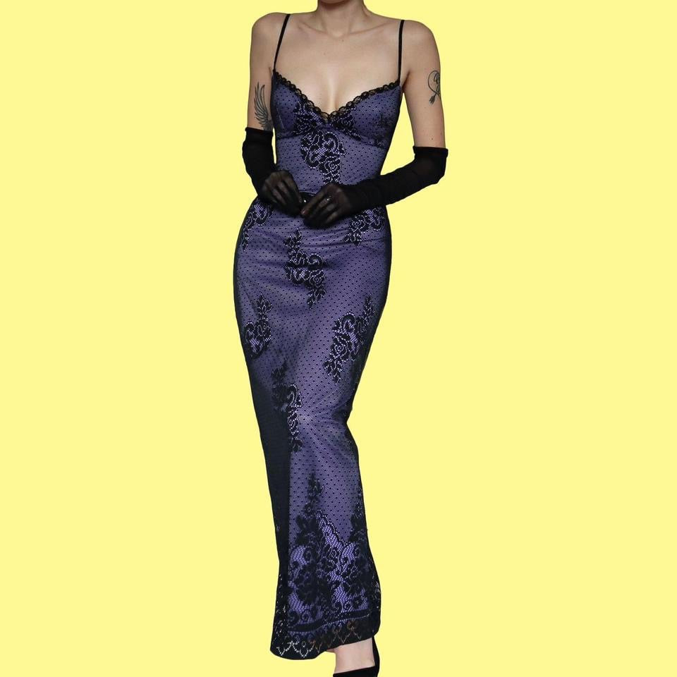 Purple & black lace fitted evening dress UK 10