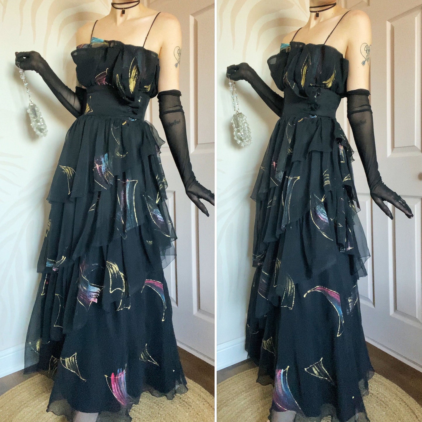 John Charles vintage black layered evening gown UK 12