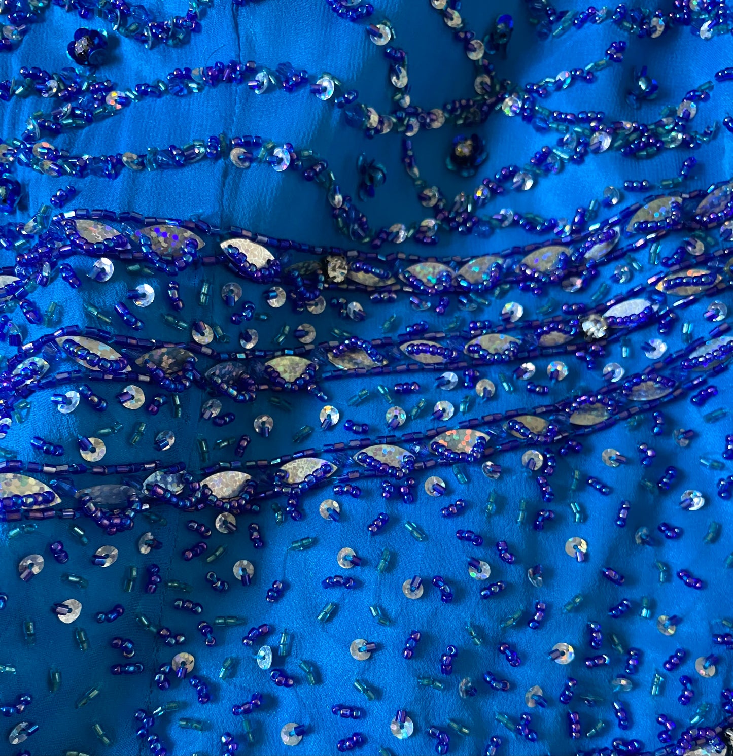 YVE London 100% silk blue beaded gown UK 12