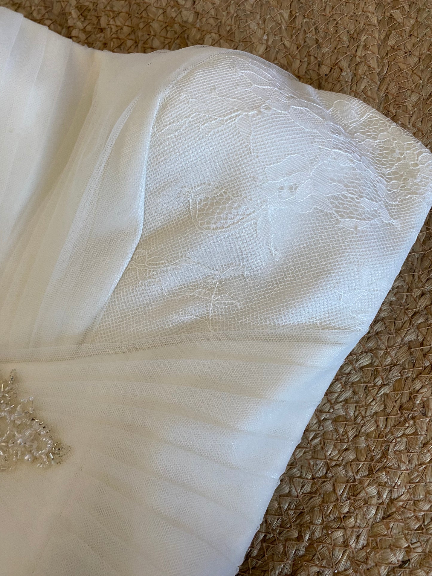Ivory Benjamin Roberts lace strapless wedding gown uk 10