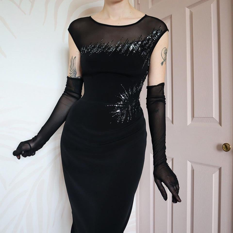 Frank Usher black fitted sequin evening dress UK 10