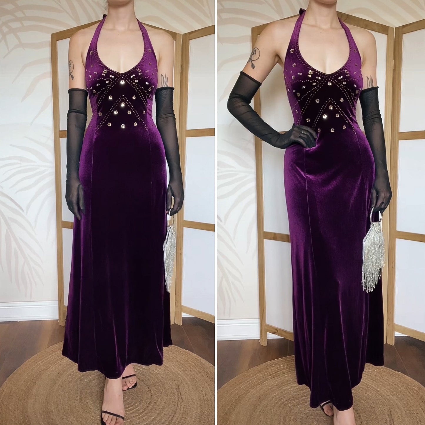 Dark purple velvet halterneck evening dress uk 12