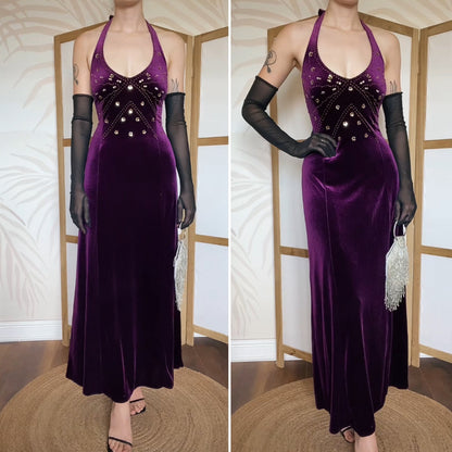 Dark purple velvet halterneck evening dress uk 12