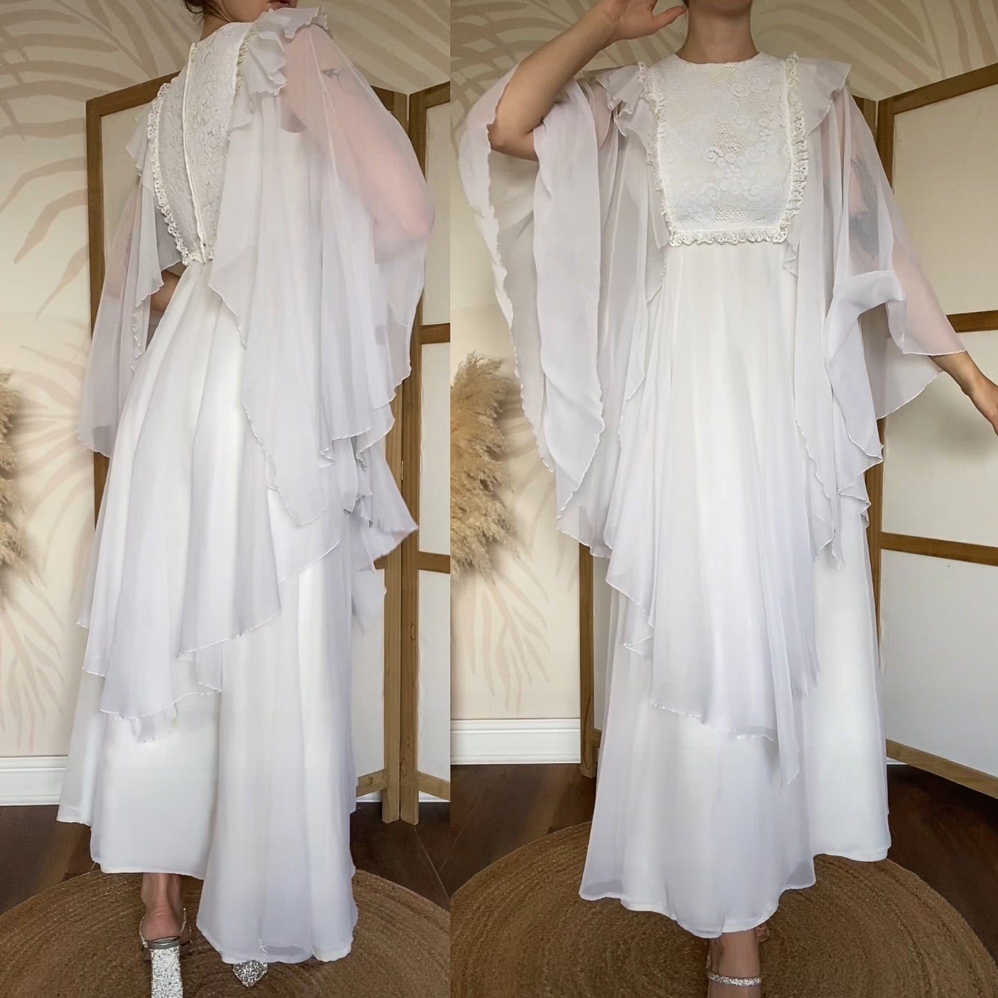 70s petite flared white/cream long sleeve wedding dress uk 8