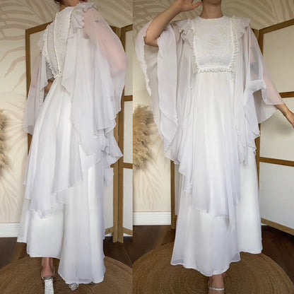 70s petite flared white/cream long sleeve wedding dress uk 8