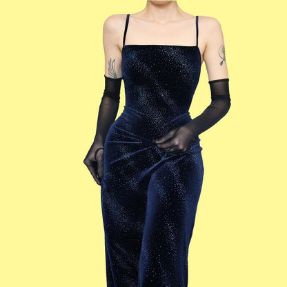 Navy glitter velvet evening dress UK 12