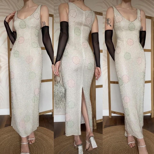 Off white beaded silk floral evening dress UK 10