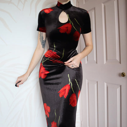 Black velvet floral evening gown UK 14