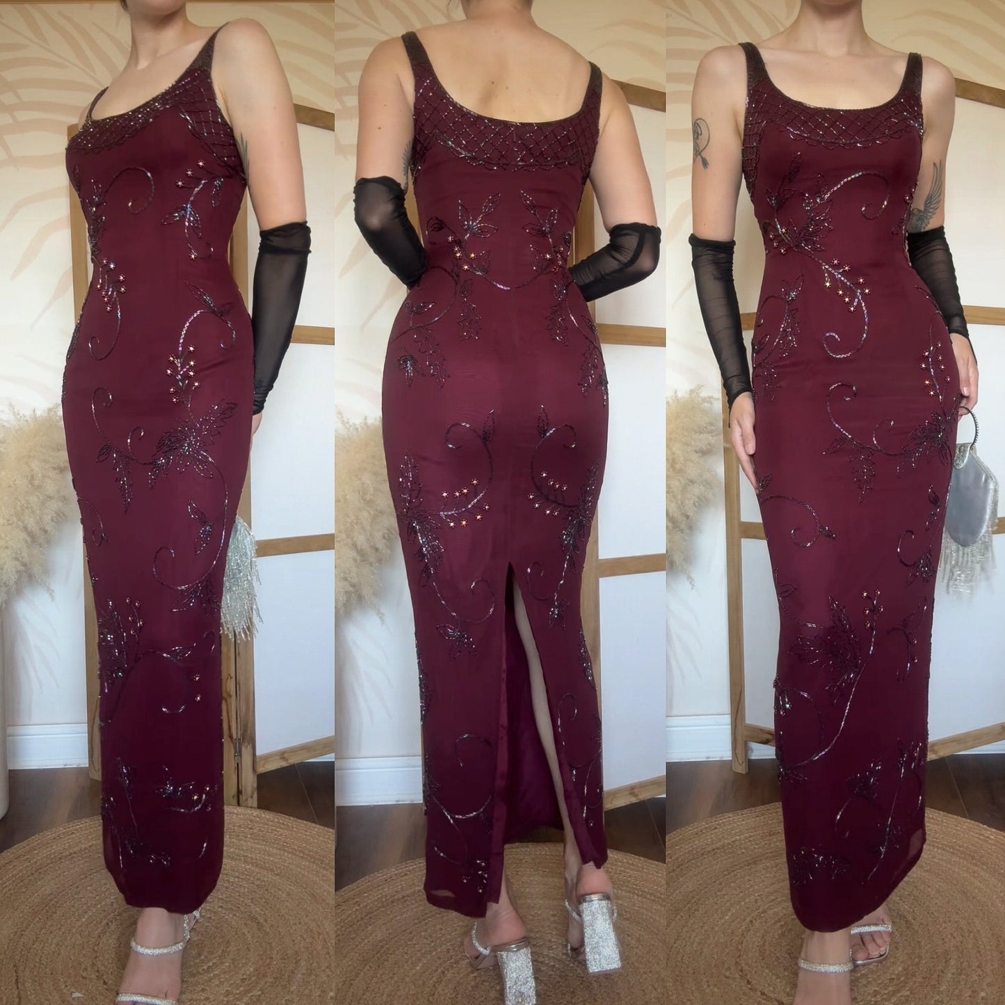 Yve London 100% silk burgundy beaded evening dress uk 10