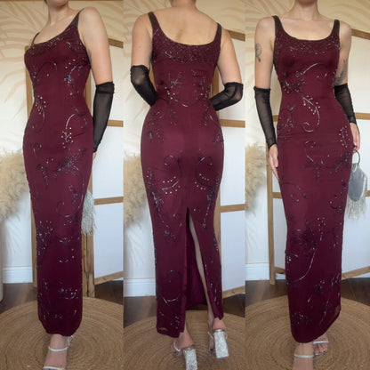 Yve London 100% silk burgundy beaded evening dress uk 10