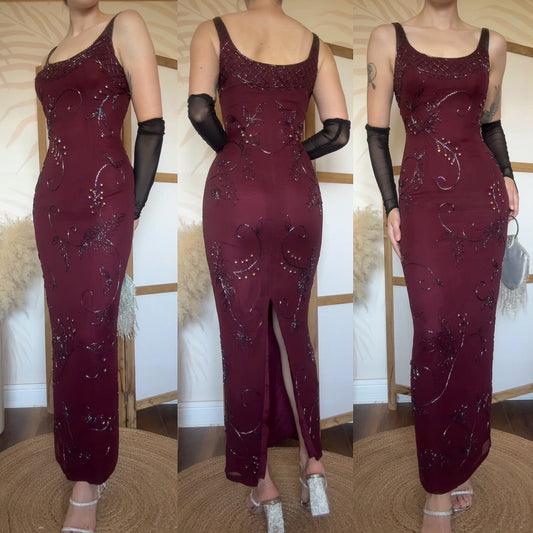 Yve London 100% silk burgundy beaded evening dress uk 10