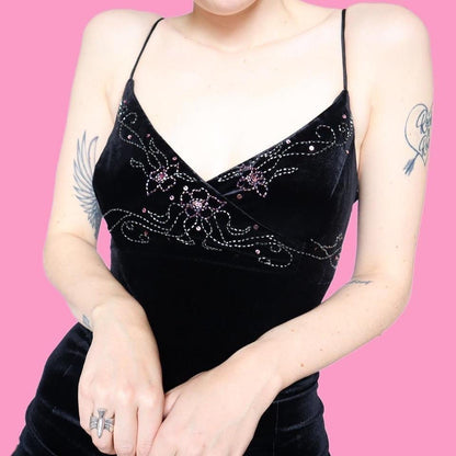 Flori Vintage 90s Black Velvet Beaded Evening Gown UK 10