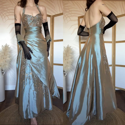 Iridescent grey/green halter prom dress uk 6